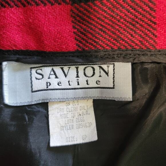 Vintage Savion Women 6P Buffalo Plaid Fringe Skirt Red Black Checkered Wool Chic - Picture 9 of 10